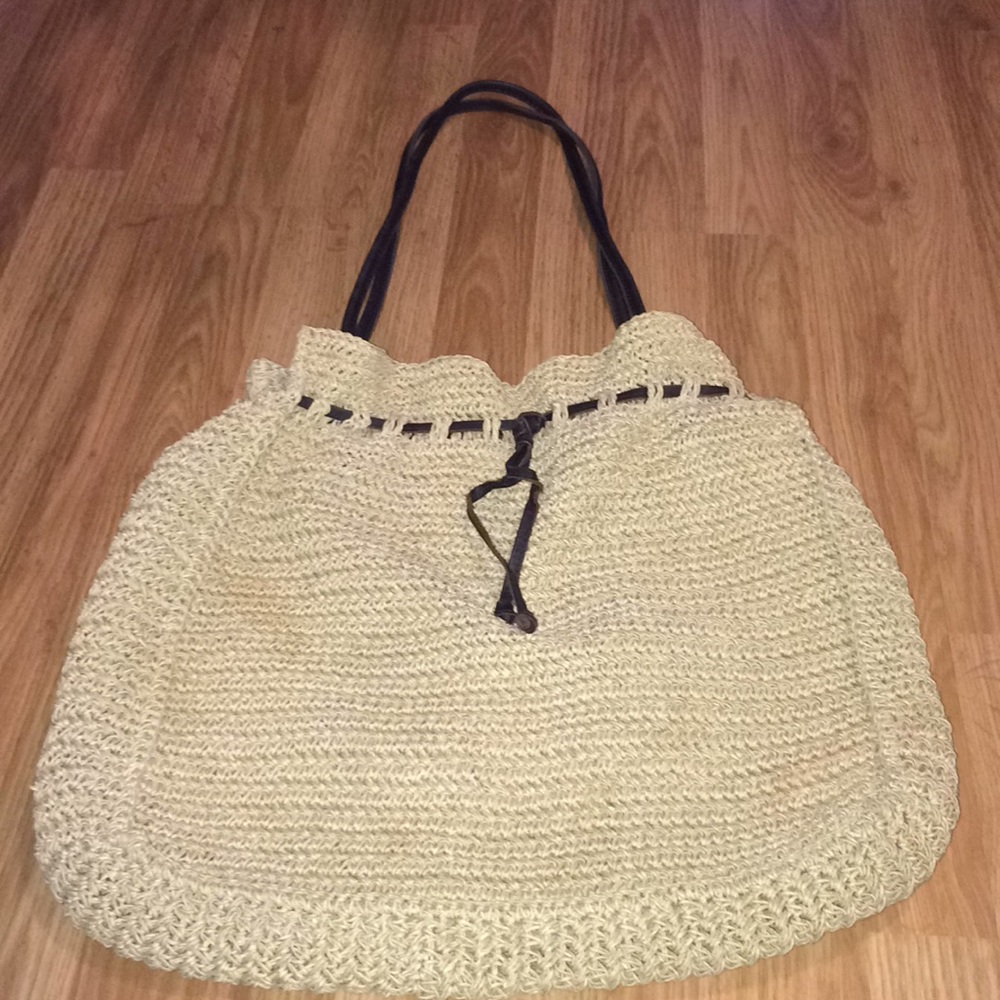 Eddie Bauer bag tan natural fiber & brown leather